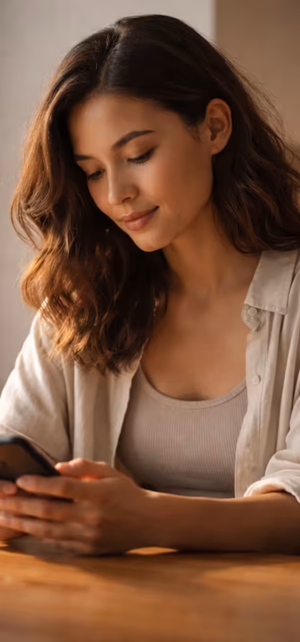 A woman at her kitchen table in morning light, looking at her phone.